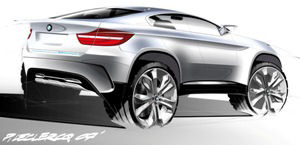 
Dessin de 3/4 arrire du concept car BMW X6 ActiveHybrid. Les lignes sont identiques  celles du concept car BMW Concept X6, mis  part la mention <b>BMW ActiveHybrid</b> sous la malle arrire, et le dessin du bouclier arrire qui reprend la forme gnrale du bouclier avant, avec ces sorties dair latrales futuristes. Les sorties dchappement sont intgres au milieu de ce bouclier.
 